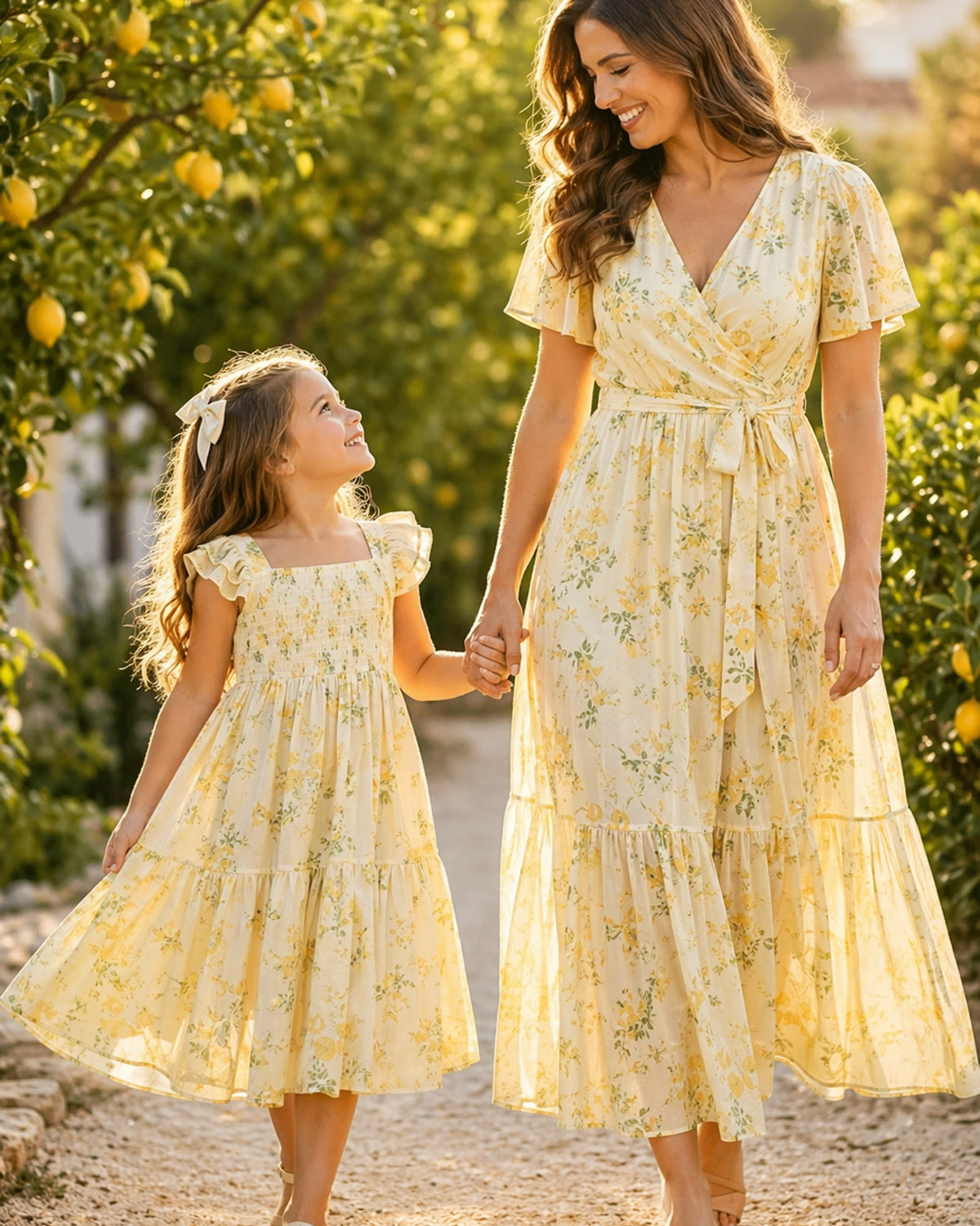 Mother and daughter in lemon-yellow matching dresses in a sunlit garden