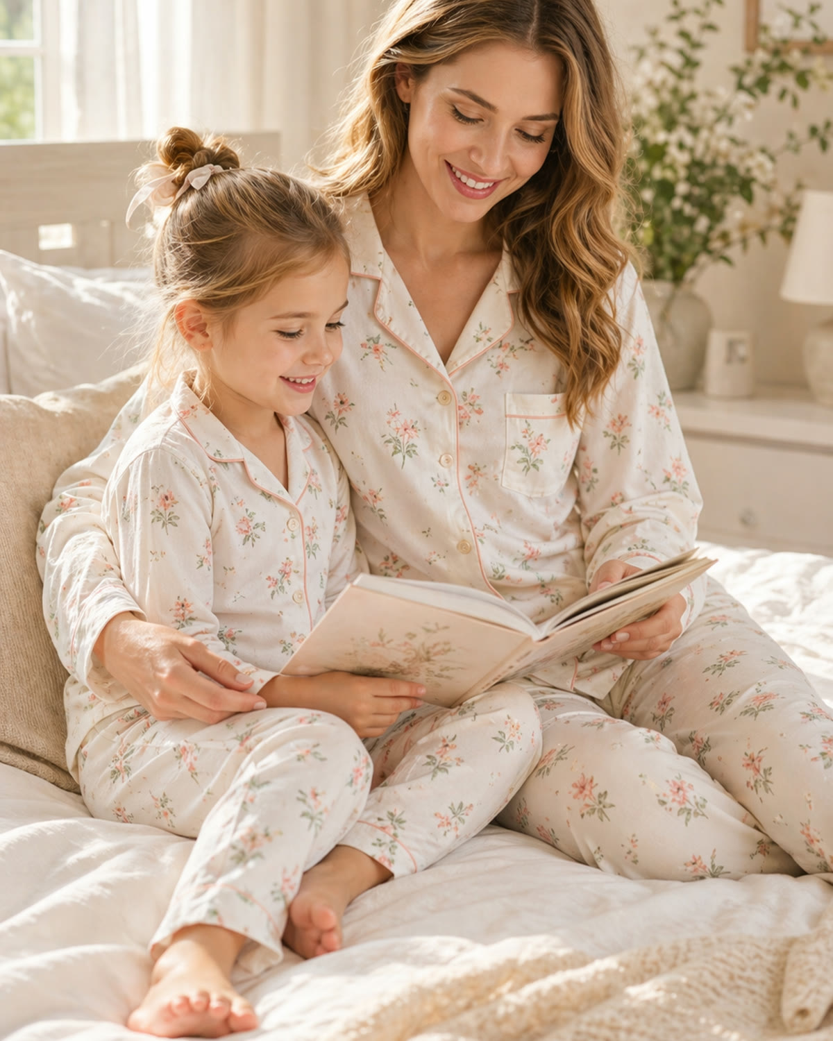 Mother and daughter in matching floral pajamas reading together on a bed