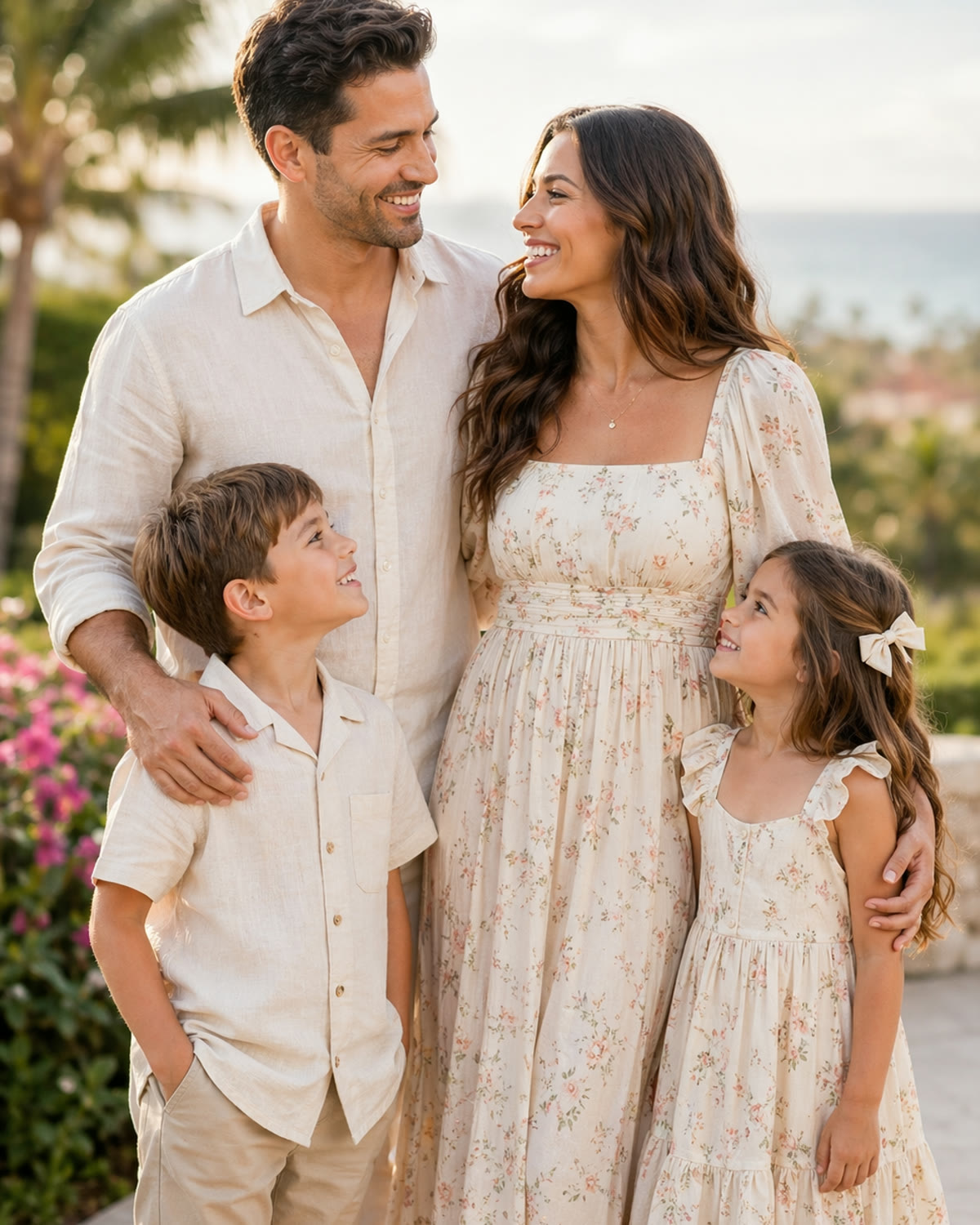 Family of four in coordinated neutral outfits posed for a portrait moment