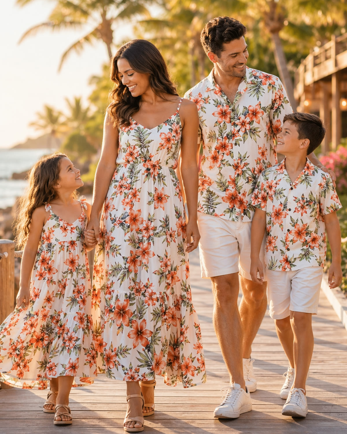 Family of four in coordinated floral outfits on a tropical vacation boardwalk