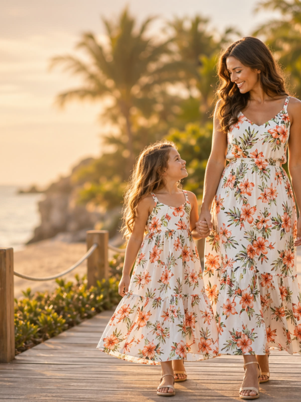 Family in matching tropical outfits walking on a beach boardwalk at golden hour
